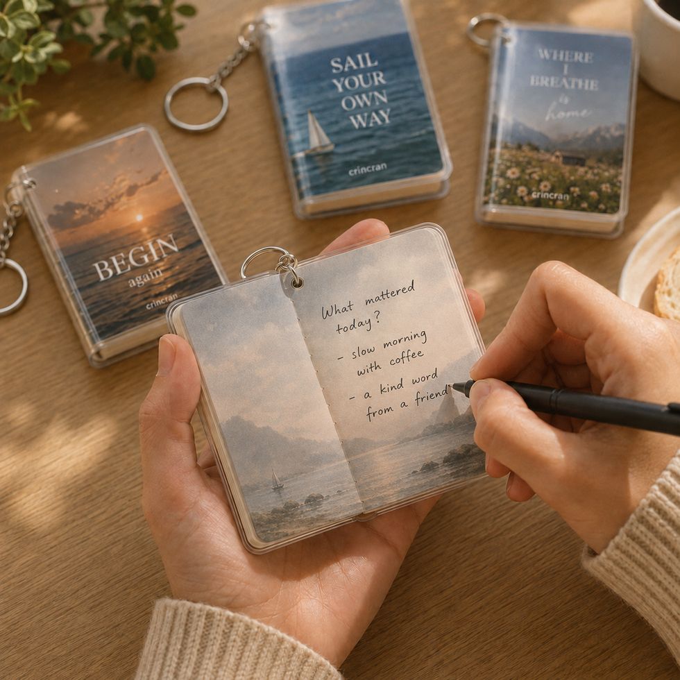 キーホルダーノートに書き込む手元。BEGIN again、SAIL YOUR OWN WAYなどの表紙が机に並ぶ